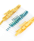 Front view of 300-piece through-hole metal-film resistor kit; blue axial resistors with color bands and yellow labels