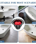 Hassle Free Freestanding Tub Drain Kit With Bolt Tight Brass Tail Pipes And Slick PVC Adapter Rough In Rig shown in various settings.
