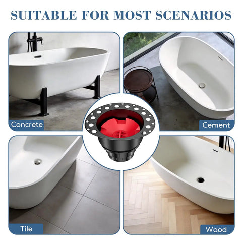 Hassle Free Freestanding Tub Drain Kit With Bolt Tight Brass Tail Pipes And Slick PVC Adapter Rough In Rig shown in various settings.