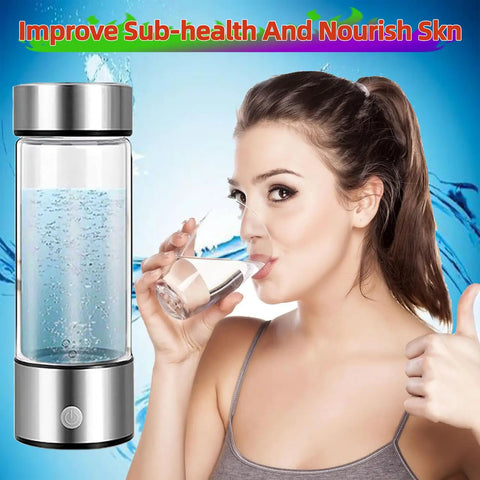 On The Go Portable Hydrogen Water Bottle Ionizer Rechargeable 420ml Generator For All Water Types alongside user drinking