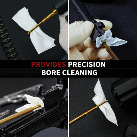 Gun cleaning kit with white patches, 6-inch cotton swabs, and lint-free cloth for firearms