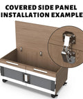 Covered side panel installation example with Upgraded Soft Close Surface Mount Hinges For Frameless Kitchen Cabinets.