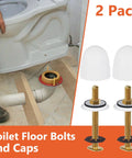 Heavy Duty Toilet Flange Bolts Rock Solid Wobble Free Install Kit Featuring Quick Snap Cover Caps And Premium Wax Ring Replacement Parts For Standard Floor installation scene with toilet and 2 pack bolts and caps.
