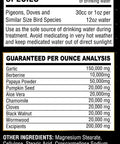 Ingredients list for Extra Strength Pigeon Dewormer Liquid For Birds 60ml with dosage and species information.