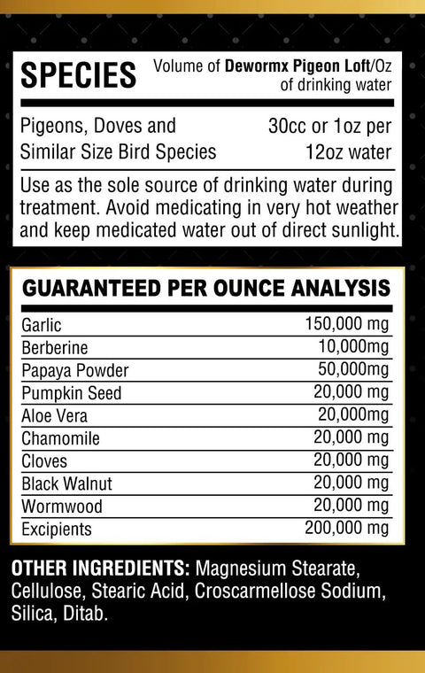 Ingredients list for Extra Strength Pigeon Dewormer Liquid For Birds 60ml with dosage and species information.