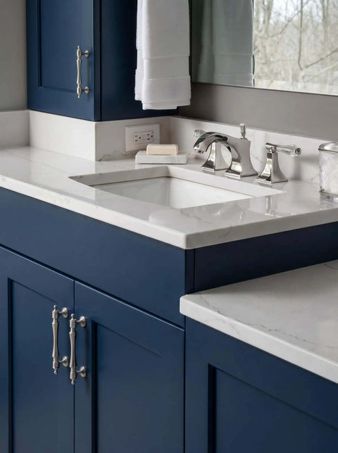 Brushed Satin Nickel Cabinet Pulls 3 Inch Centers 6 Pack Zinc Alloy Drawer Handles on blue vanity with marble top