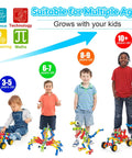 Children with STEM building toys set with 125 pieces for ages 3 4 5 6 7 8 and up, showcasing race car and robot projects.