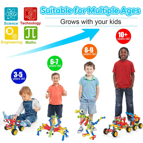 Children with STEM building toys set with 125 pieces for ages 3 4 5 6 7 8 and up, showcasing race car and robot projects.
