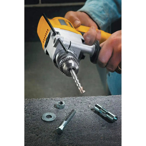 Three Eighths Inch By Six Inch Carbide Hammer Drill Bit With Rock Carbide Tip Four Flute Design on yellow drill in action