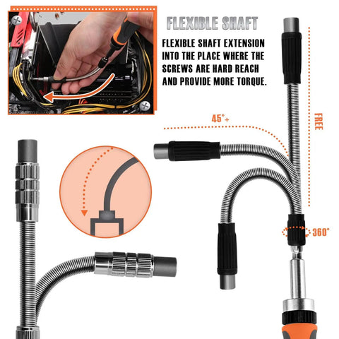 68 In 1 Ratcheting Screwdriver Set With Magnetic Bits Rotatable Ratchet Handles Extension Bar And Sockets Plus Storage Case For Computer Bike Car And Electronics Maintenance, showing flexible shaft extension for tight spots.