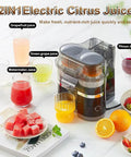 Top Rated Electric Citrus Juicer Machine With Powerful 100W Motor Making Fresh Orange And Lemon Juice Quick Cold Press Extractor For Home Kitchen Daily Smoothies And Cocktails Easy Clean Design with various juices displayed.