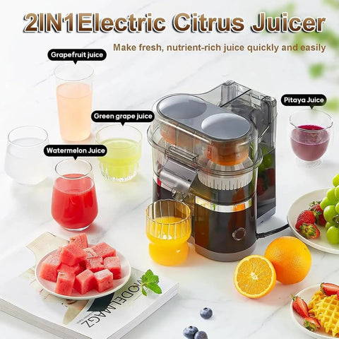 Top Rated Electric Citrus Juicer Machine With Powerful 100W Motor Making Fresh Orange And Lemon Juice Quick Cold Press Extractor For Home Kitchen Daily Smoothies And Cocktails Easy Clean Design with various juices displayed.