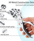 Hand holding All In One Badge Slot Punch with zinc alloy body, highly elastic springs, and anti-slip mesh
