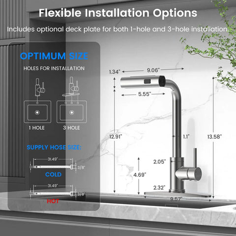 Big Time Upgrade Pull Down Kitchen Sink Faucet in brushed nickel, showing installation options and dimensions for optimal fit.