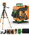 Self Leveling 4x360 Green Cross Line Laser Level With Tripod Mount For Real Deal Room Layout, Dual 360 Degree Horizontal And Vertical Lines, Quick Alignment For Walls Floors Ceilings And DIY Projects. Orange black laser level kit with tripod, batteries, charger, remote, manual, target plate, and case