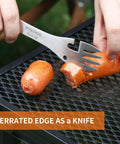 5 In 1 Tactical Spork for Outdoor Adventure Stainless Steel Spoon Fork Knife Can Opener Bottle Opener Combo for Camping Hiking Backpacking Must Have Survival Utensil With Clip Black used as a knife to slice sausage