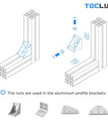 Rock Solid 680 Pieces M5 T Slot Nut And Screw Kit Pack diagram showing aluminum profile brackets and fastening components.