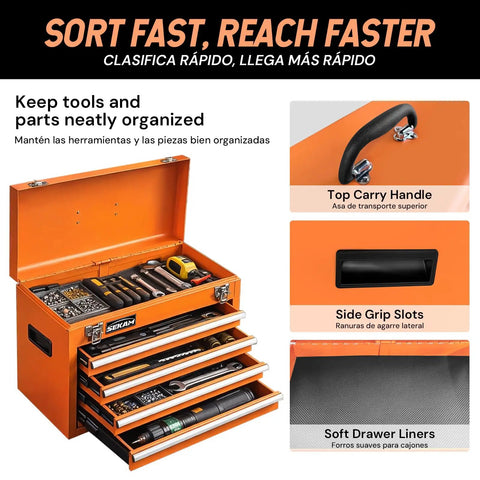 Open 5-drawer rolling tool chest with wheels, top chest, bottom cabinet, locking door, side tray, pegboard hooks for garage storage