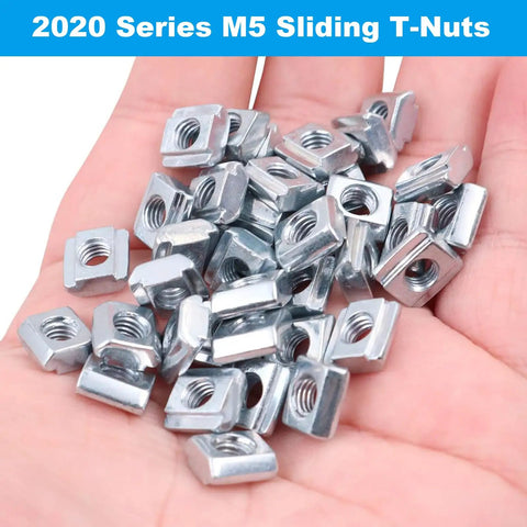 Hand holding 100Pcs M5 Sliding T Nuts for 20X20 Aluminum Extrusion 6mm T Slot Easy End Load Install Metric M5 Thread