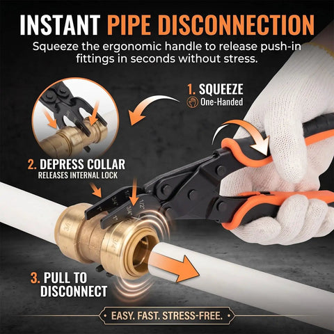 Push-In Clamp Pliers For PEX Pipe 1/2 3/4 1 Inch Quick Release Brass Fittings Removal Tongs in use with pipe connection