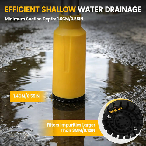 No Brainer Heavy Duty Cordless Stick Water Transfer Pump With Brushless Motor For Fast Pool And Pond Draining 723 GPH showing yellow drainage filter.