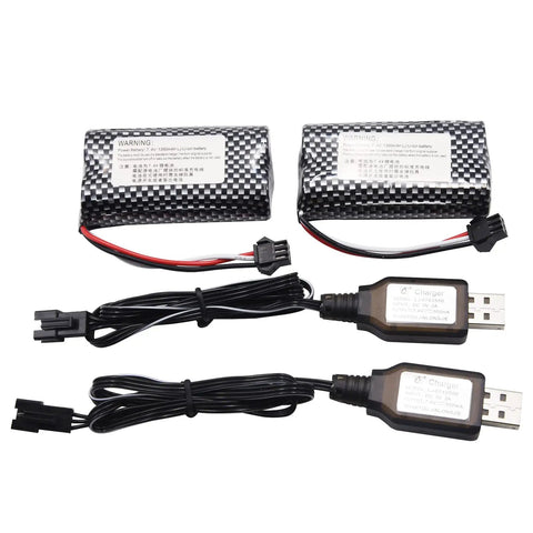 Two Pack 7.4V 1200mAh Li Ion Rechargeable Battery With Black SM 3P Plug Replacement For Older Version RC Trucks 8.88Wh