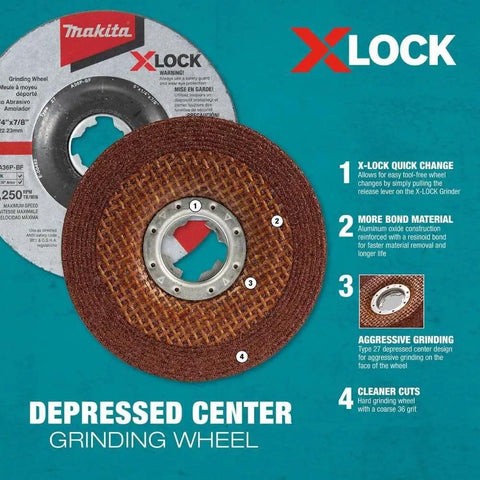 X-Lock 5 Inch General Purpose Grinding Wheel 36 Grit Type 27 For Metal And Stainless Steel with tool-free quick change system