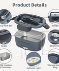 Electric Lunch Box For Adults, Fast 80W Heats Up Meals, 1.5L Portable Food Warmer details including spoon compartment and indicator light