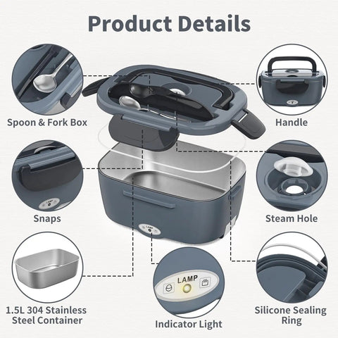 Electric Lunch Box For Adults, Fast 80W Heats Up Meals, 1.5L Portable Food Warmer details including spoon compartment and indicator light