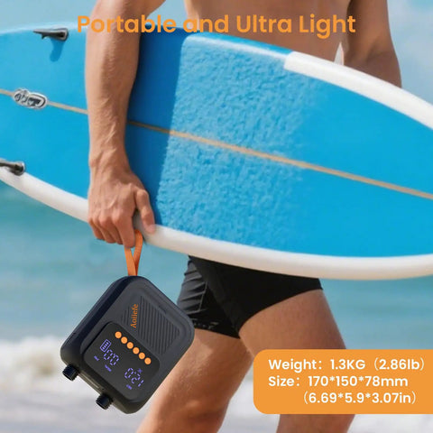 Person holding a blue stand up paddleboard with Portable Rechargeable Electric SUP Pump for Stand Up Paddleboards on the go.