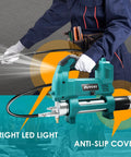 Cordless Grease Gun For Makita 18V Battery, 12000 PSI High Pressure with LED Work Light, anti-slip cover, dual hoses, tool shown in use