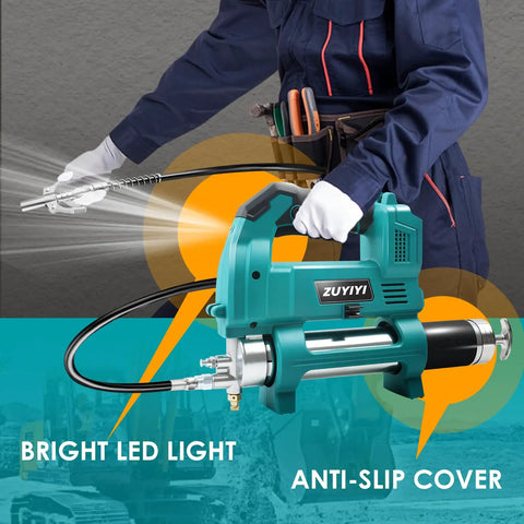 Cordless Grease Gun For Makita 18V Battery, 12000 PSI High Pressure with LED Work Light, anti-slip cover, dual hoses, tool shown in use