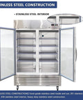 Heavy Duty 54 Inch Upright Commercial Beverage Refrigerator 42 Cubic Foot Stainless Steel Double Glass Door Beer Cooler interior view with shelves