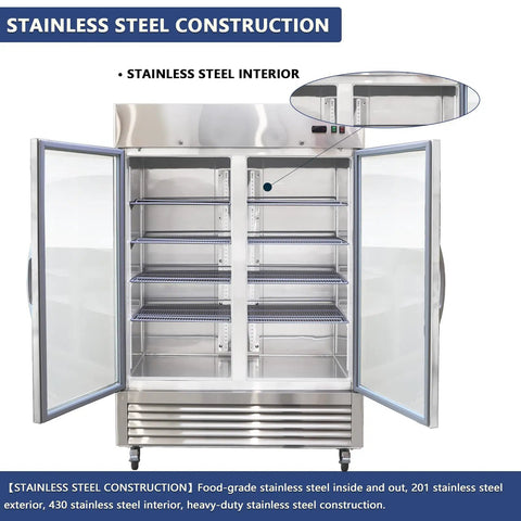 Heavy Duty 54 Inch Upright Commercial Beverage Refrigerator 42 Cubic Foot Stainless Steel Double Glass Door Beer Cooler interior view with shelves