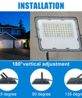 150W LED Flood Light Plug In Outdoor Security Fixture 6500K 15000LM IP66 Waterproof installation guide with angles