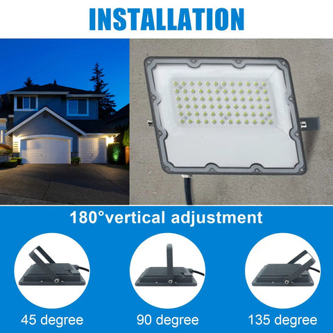 150W LED Flood Light Plug In Outdoor Security Fixture 6500K 15000LM IP66 Waterproof installation guide with angles