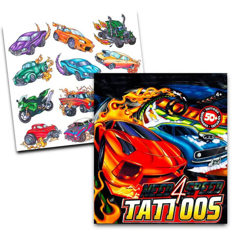 Hedgehog Themed Race Track And Toy Car Bundle with car tattoos featuring colorful racing cars and fiery designs for kids.
