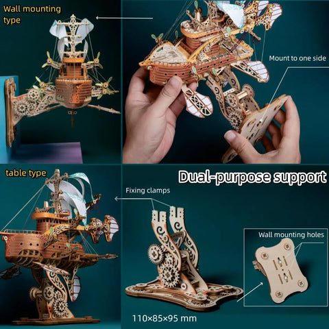 Steampunk DIY Airship Model Kit For Gearheads And Collectors with dual-purpose support, showing wall and table mount options