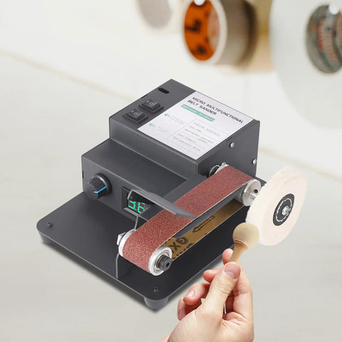 Heavy Duty Brushless Belt Sander With Hella Fine Tune Speed Dial For Sweeter Wood And Metal Grinding Projects Delivering Zero To Ten Thousand RPM Power Output Anywhere, showing sanding belt and controls.