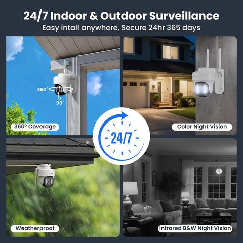 10X Zoom Mesh WiFi 6 PTZ AI Tracking Security Camera System With 4 Cameras 2K Dual Lens Kit features indoor outdoor use options
