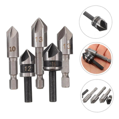 5 Piece Countersink Drill Bit Set For Woodworking And Metal Fabrication With Pro Grade Precision Chamfering Tools Versatile Deburring Kit