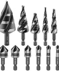 All In One Step Drill Bit Set With Countersinks For Metal Aluminum Wood Plastic, Four Spiral Flute, 11 Piece Kit Including 5 Step Bits And 6 Countersink Bits, One Quarter Inch Quick Change Hex Shank, Nitrided HSS Drill Bits For Heavy Duty DIY Projects displayed in a set