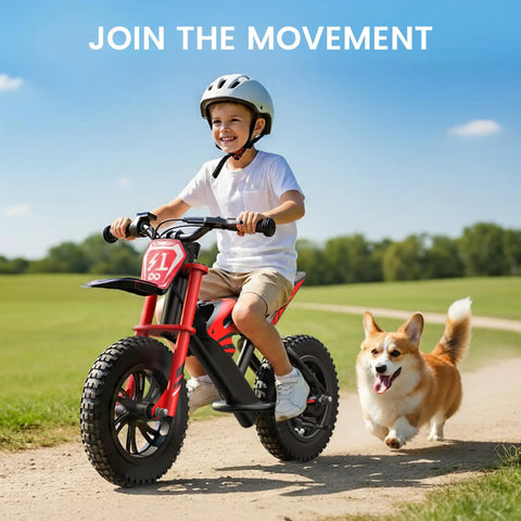 Kid Friendly Electric Balance Bike With 200W Motor Three Speed Modes Up To 10 MPH For Ages 3 To 6 12 Inch Pneumatic Tires LED Taillight Drum Brake UL 2272 Certified Black, child riding outdoors