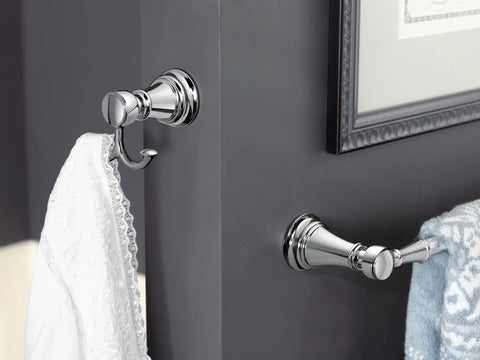 Weymouth Double Robe Hook In Chrome Finish for Bath and Kitchen with towel hanging, mirror-like shine and classic style design.