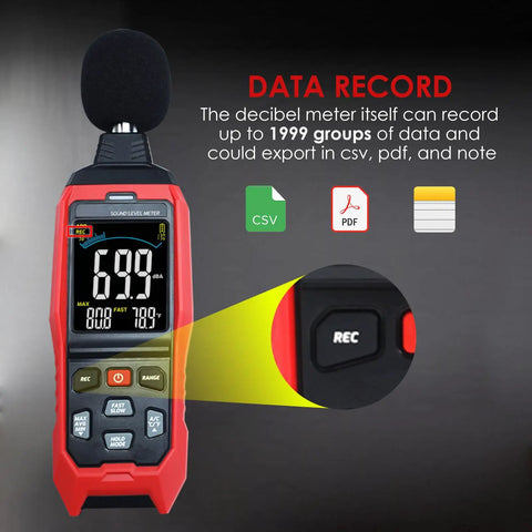 Sound Level Data Logger With Real Time Decibel Readouts 30 To 130 dB Range, featuring alarm and PC export of 1999 data groups