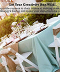 Outdoor wedding table setup with white chairs and extra wide burlap fabric roll 72 inch wide as decorative sashes and table cover.