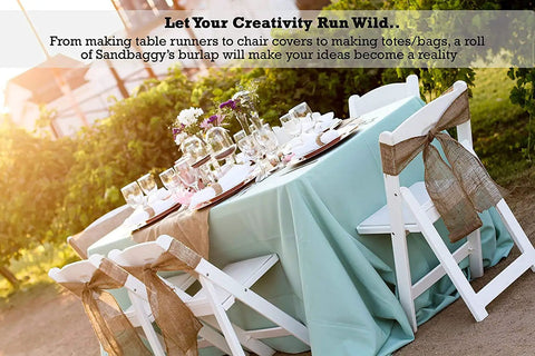 Outdoor wedding table setup with white chairs and extra wide burlap fabric roll 72 inch wide as decorative sashes and table cover.