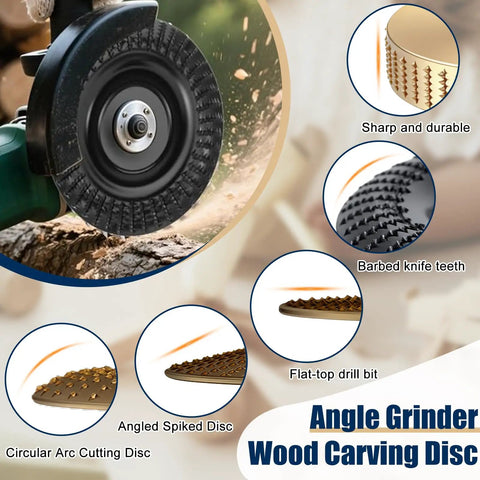 Close-up of All In One Pro Grade Wood Carving Disc Kit For Angle Grinders, showing disc attachments and cutting features.