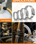 200 Piece Hose Clamp Kit Assortment In Heavy Duty 304 Stainless Steel Worm Gear Clamps One Quarter To Two Inches Range Eight Size Automotive Fuel Line Radiator Coolant Hose Clamp Set Ideal For Automotive Repairs And DIY Projects displayed with applications in fuel system, automotive, home, and lawn mower.