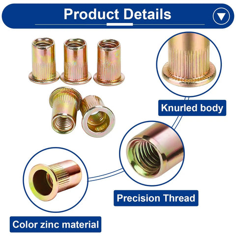 90Pcs M6 Rivet Nut Installation Tool Kit Beefy Built From Carbon Steel With Zinc Flat Head Nutserts with knurled body